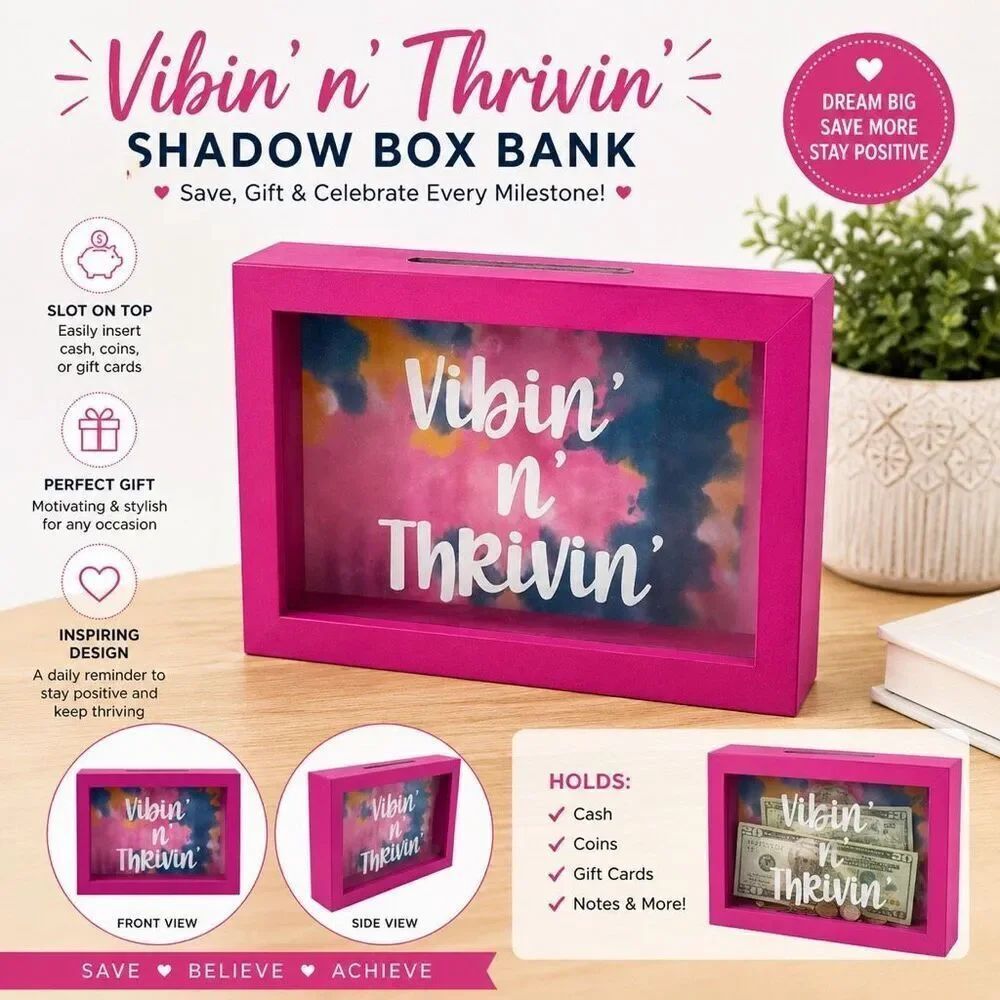 Vibin’ N’ Thrivin’ Shadow Box Bank Pink Money Box Gift Card Holder Decor New
